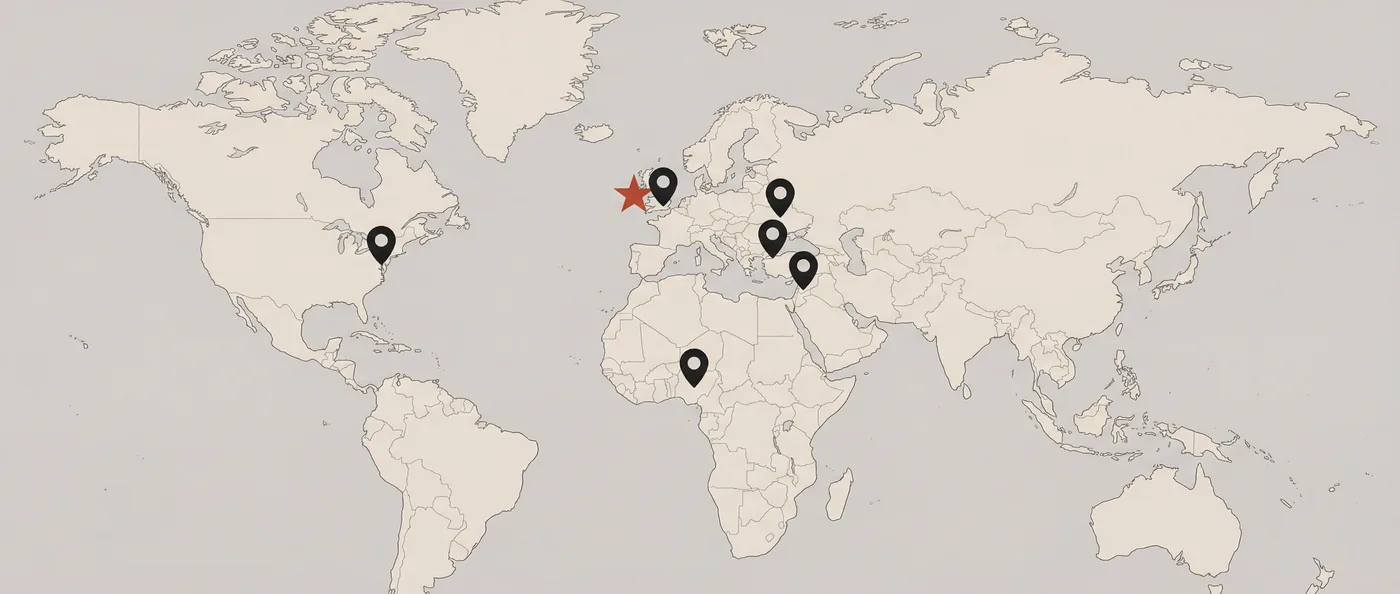World map showing RedRose office locations: Geneva (HQ), London, Amman, and Nairobi, with global reach across 70+ countries