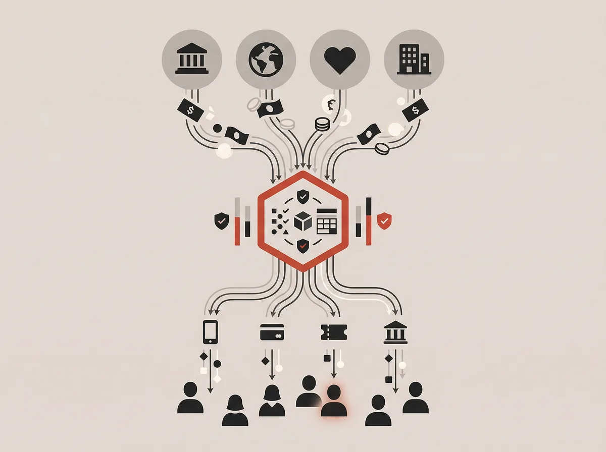 Financial services illustration showing global fund flows from donors to beneficiaries