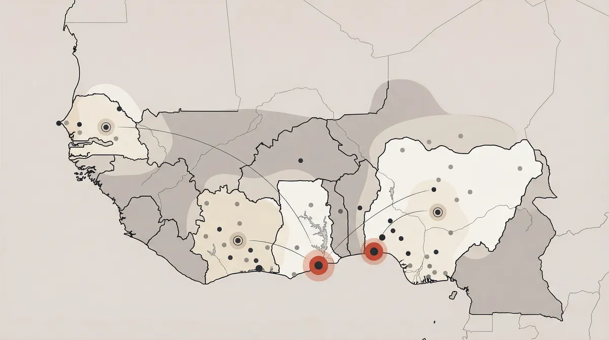 Map of West Africa highlighting health campaign coverage areas