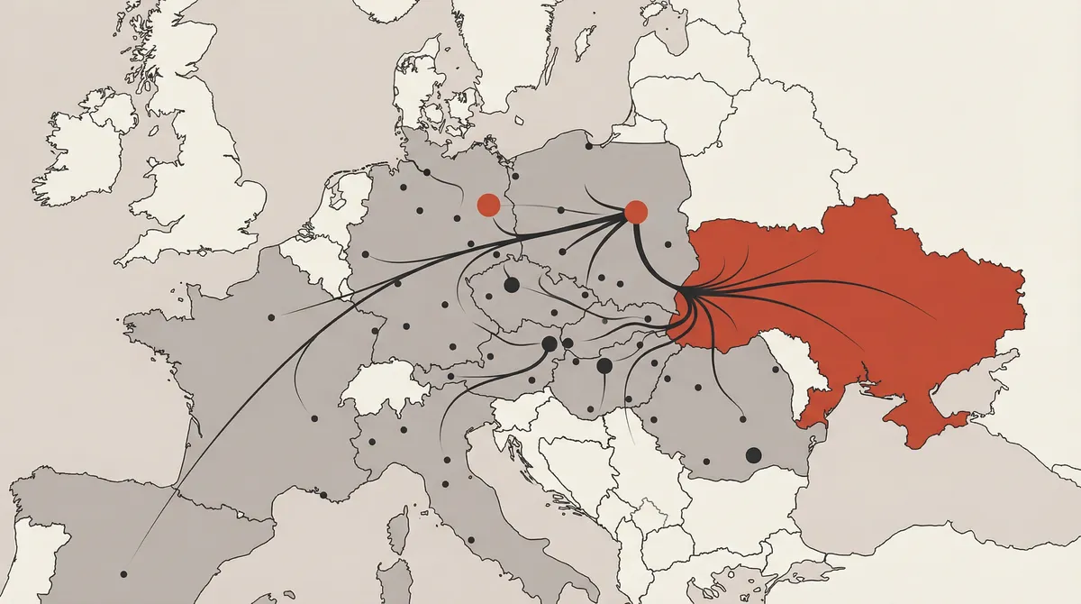 Map of Europe showing aid distribution network for Ukrainian refugees