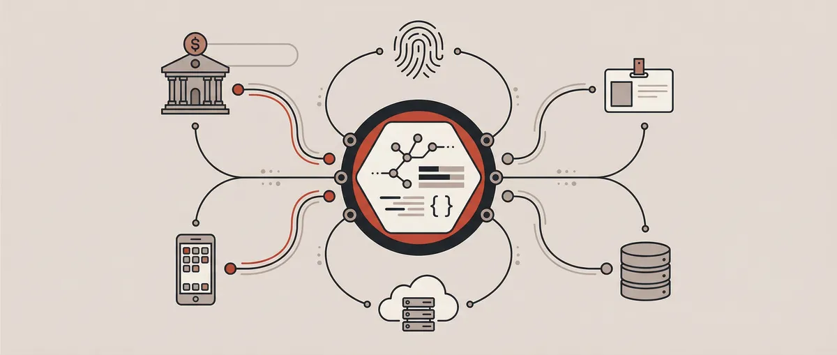 API integration architecture showing platform hub connected to financial services, biometrics, and data sources