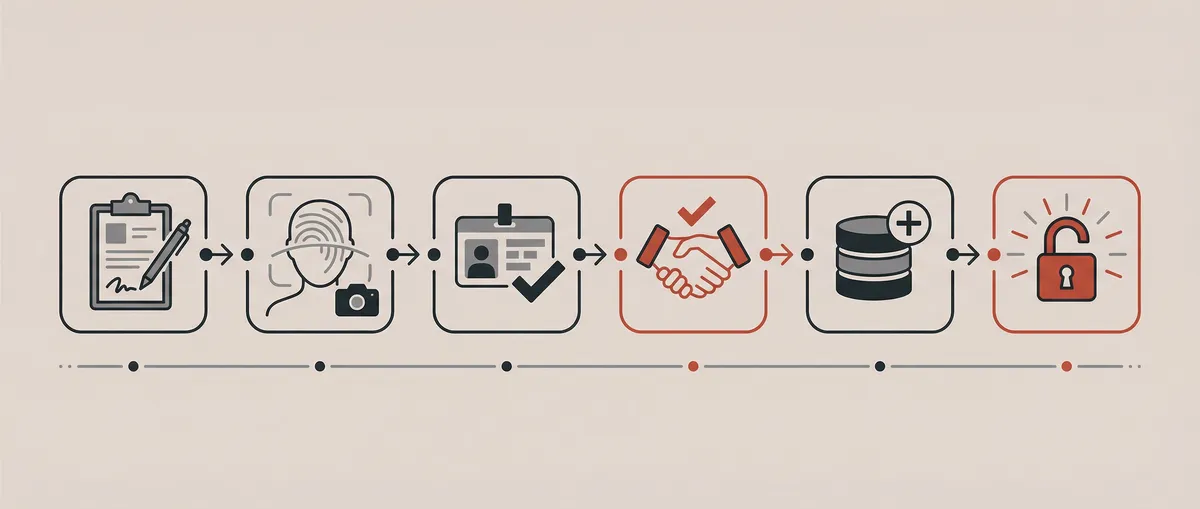 Identity verification flow: Register, Capture, Verify, Consent, Enroll, Access